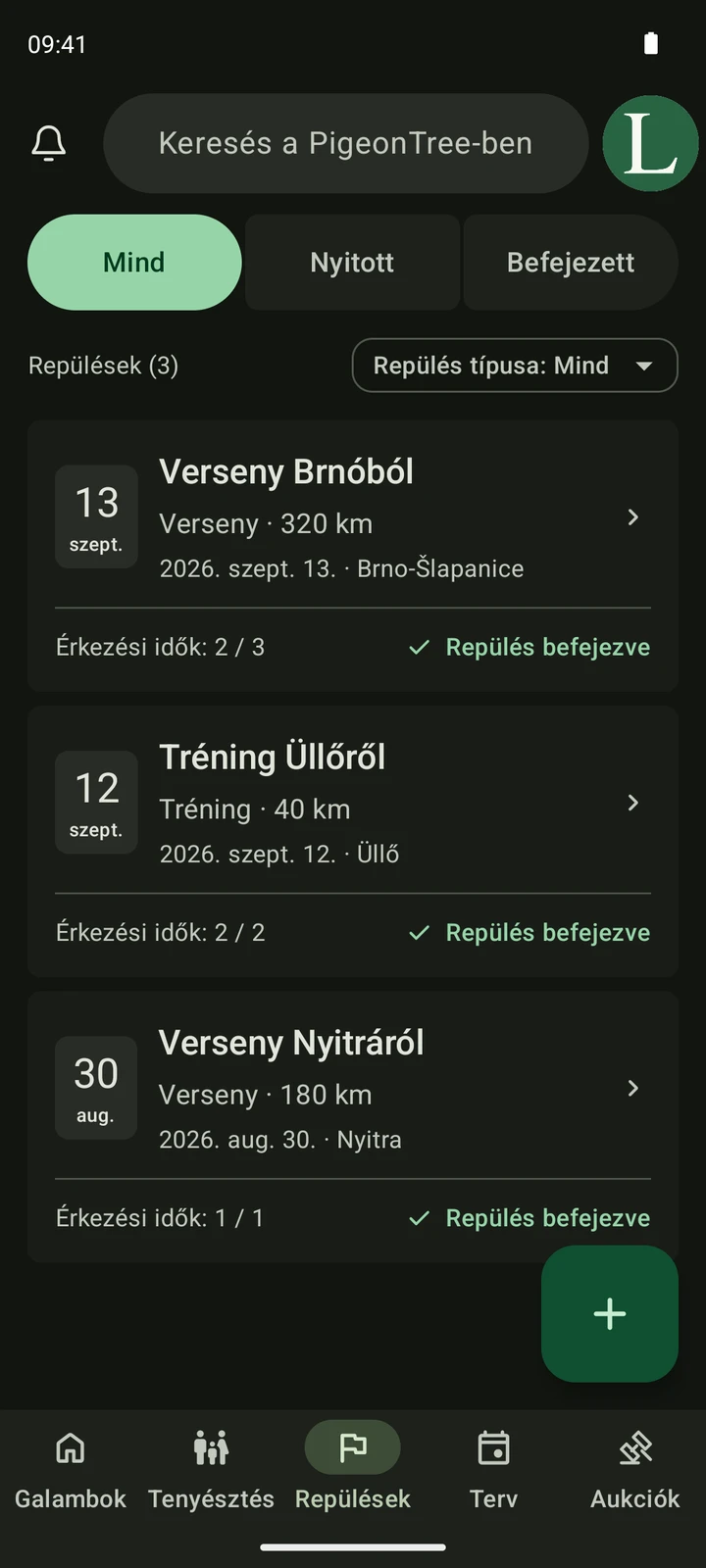 A PigeonTree valódi Repülések képernyője versenyekkel és tréningekkel.