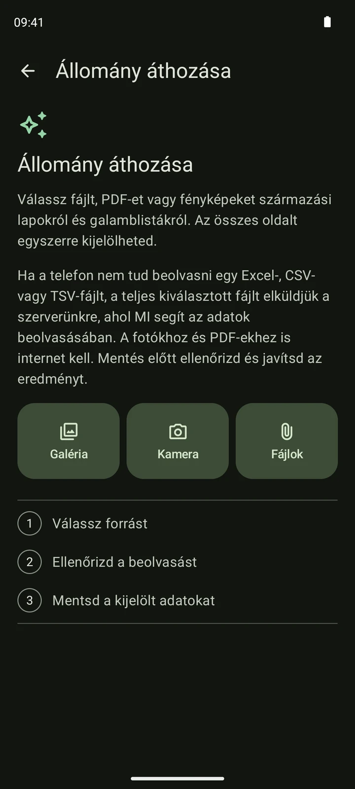 A PigeonTree importképernyője fájl-, galéria- és kameraválasztással, valamint a forrás, ellenőrzés és mentés lépéseivel.