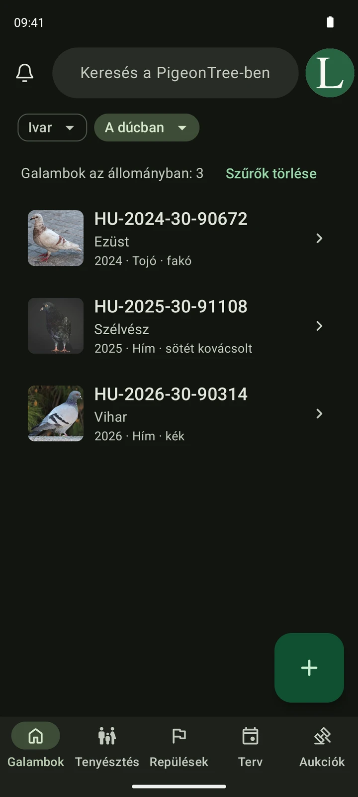 A PigeonTree valódi állományképernyője galambfényképekkel, gyűrűszámokkal és keresővel.