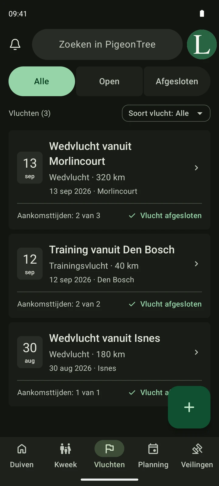 Echt scherm Vluchten van PigeonTree met wedvluchten en trainingen.