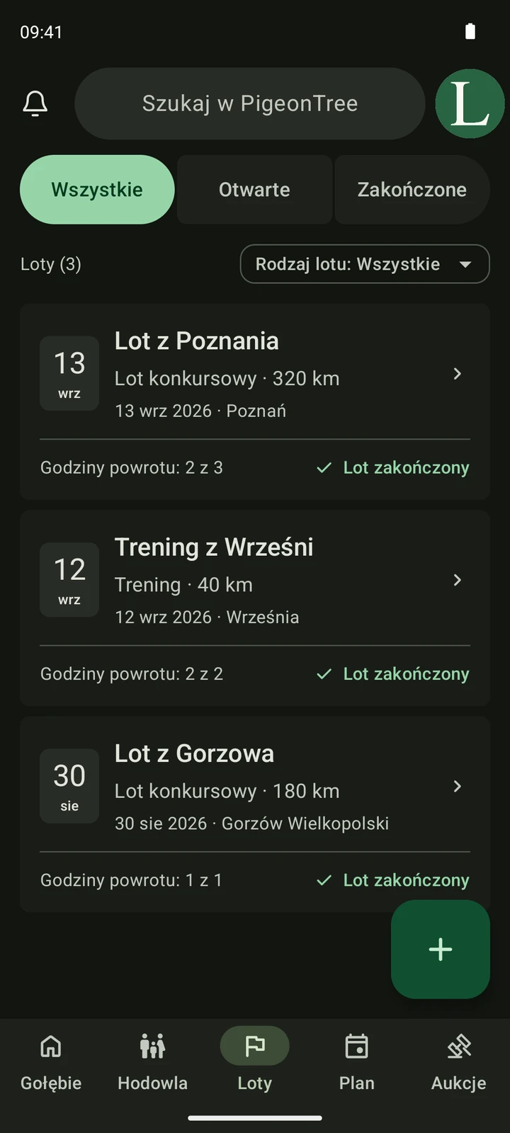 Rzeczywisty ekran Loty w PigeonTree z lotami konkursowymi i treningami.