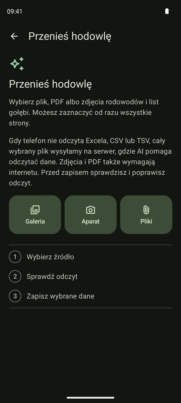 Ekran importu PigeonTree z wyborem plików, galerii lub aparatu oraz etapami wyboru źródła, sprawdzenia i zapisu.