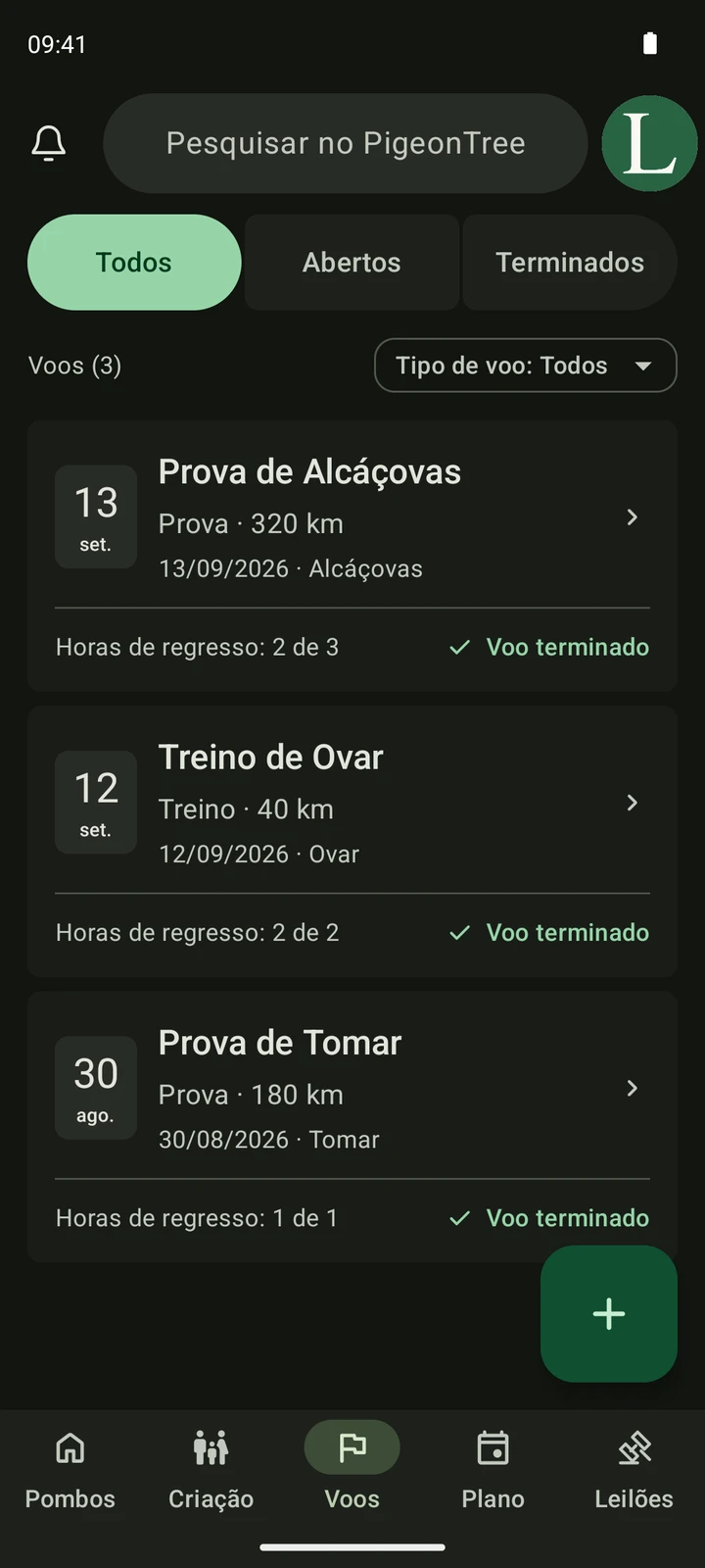 Ecrã real de Voos do PigeonTree com provas e treinos.