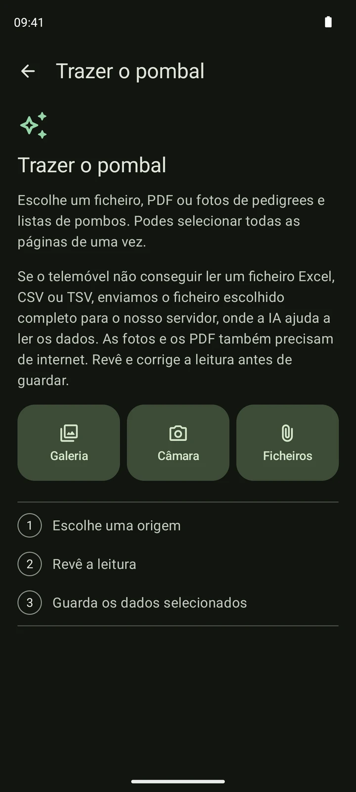 Ecrã real de importação do PigeonTree com Galeria, Câmara e Ficheiros e as etapas de origem, revisão e gravação.