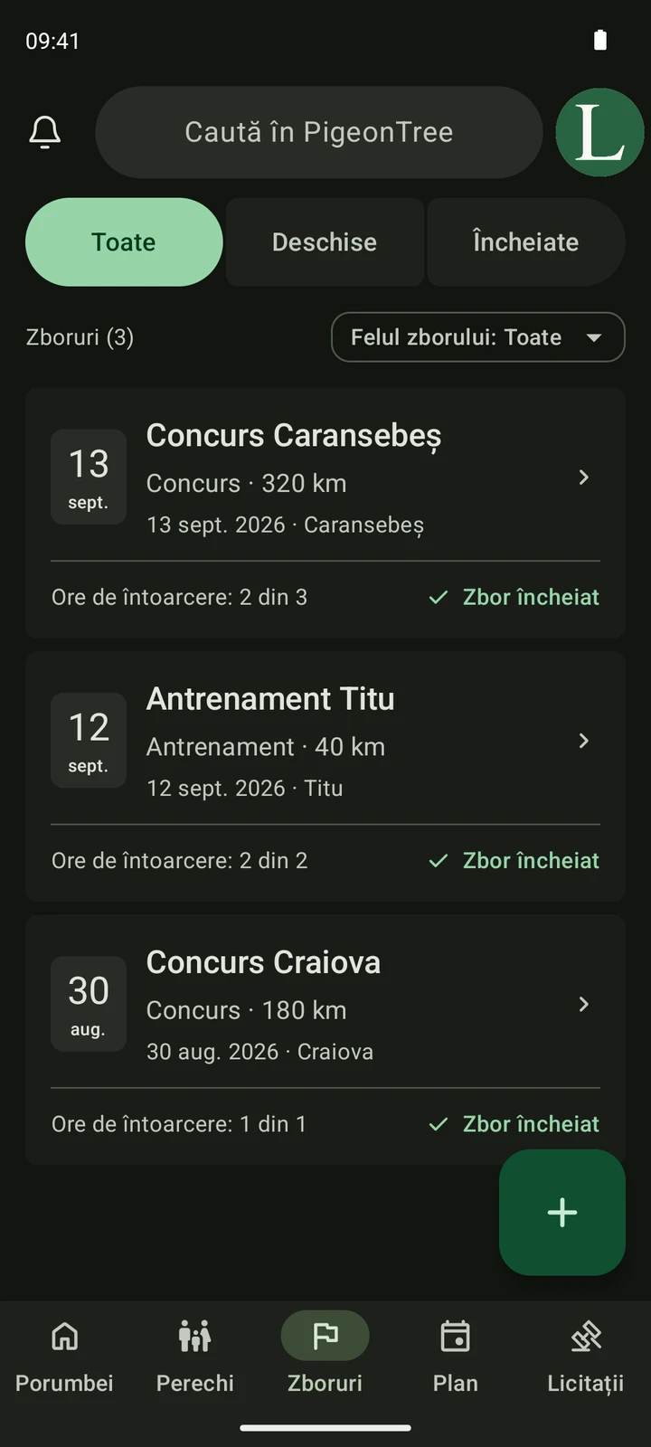 Ecran real Zboruri din PigeonTree cu evidențe de concursuri și antrenamente.