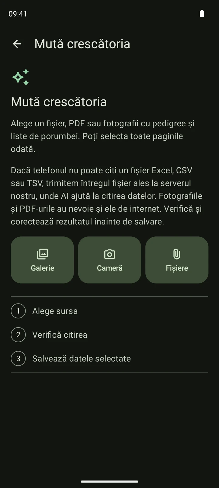 Ecranul de import PigeonTree cu opțiuni pentru fișiere, galerie și cameră, urmate de pașii sursă, verificare și salvare.
