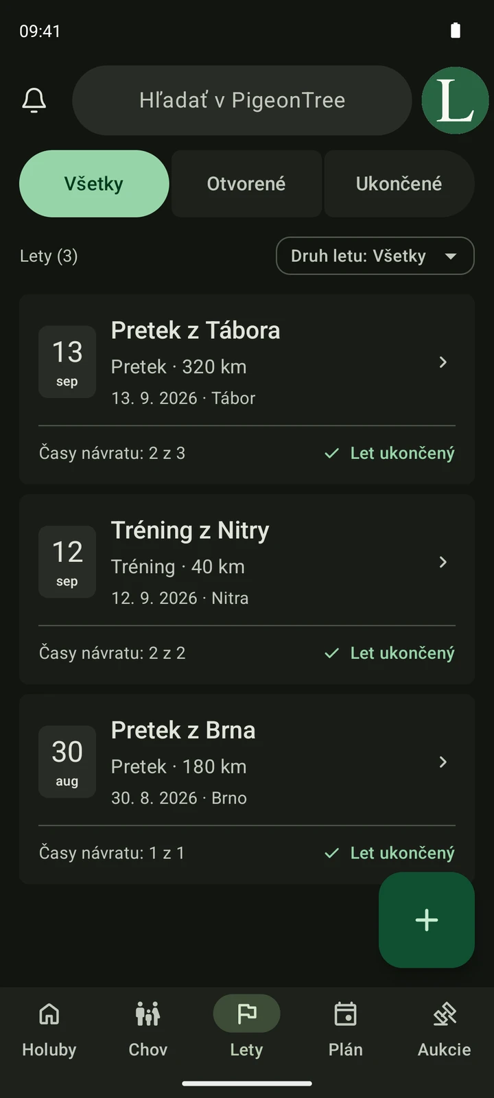 Skutočná obrazovka Lety v PigeonTree so záznamami pretekov a tréningov.