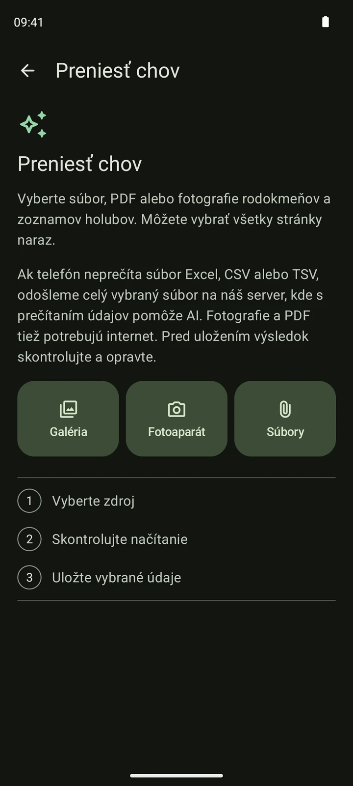 Skutočná obrazovka importu PigeonTree s Galériou, Fotoaparátom a Súbormi a krokmi výberu zdroja, kontroly a uloženia.
